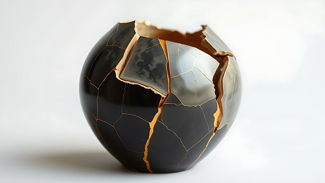 bennington. Shattered ceramic vase repaired with golden lacquer, kintsugi art on simple background. event programs, museum guides, designed for cultural heritage projects and event programs.