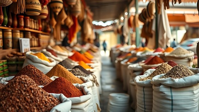 pasilla. Spice stall in a market with sacks of colorful spices. menu design, packaging mockups, designed for culinary blogs and recipe cards for restaurants, inspires cooking.