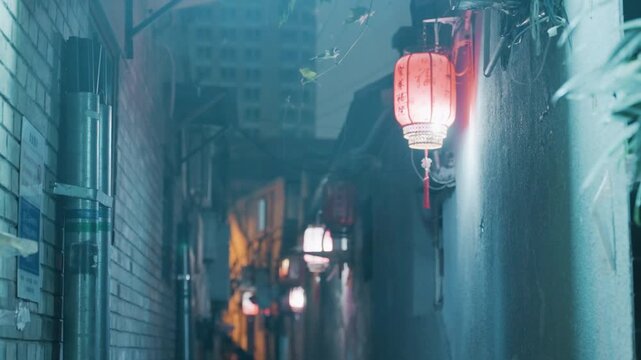 Lantern lit alley at night with wet brick walls, red lantern glow, mist and bokeh depth, quiet atmosphere, distant skyline, ivy and soft reflections creating tranquil cinematic mood