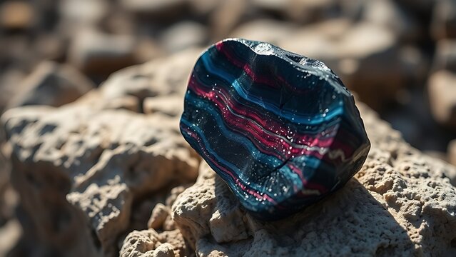 corundum. Raw corundum specimen with blue and red striations on rough stone. STEM education sheets, lab safety posters, designed for biotech research communications.