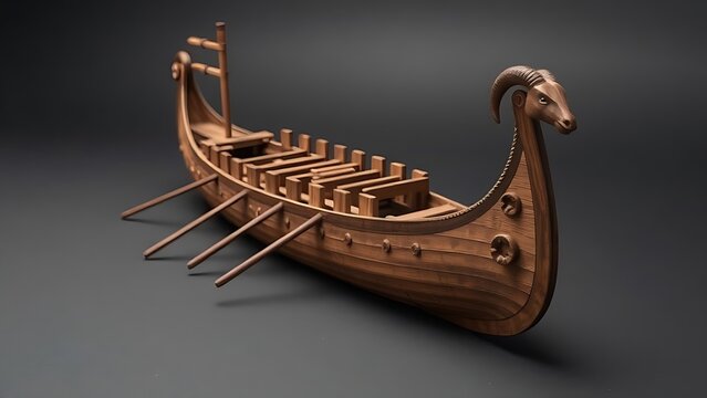 trireme. Detailed wooden model of an ancient trireme warship with rows of oars. mobility guides, transit brochures, designed for transport & logistics marketing, clarifies navigation.