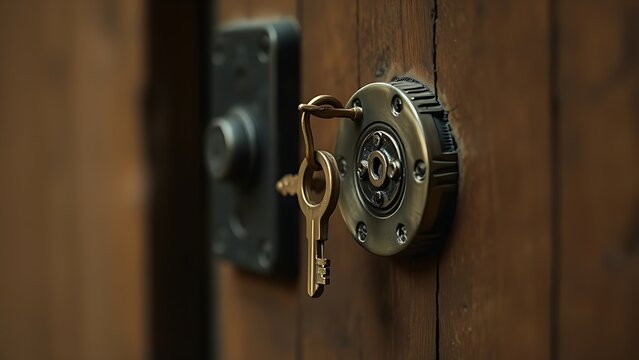 misaligned. A brass key slightly misaligned with a lock on an old wooden door. real-estate listings, architecture portfolios, designed for real-estate listing and luxury residence showcases.