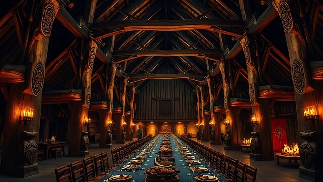 longhouse. Interior of a Viking longhouse with carved pillars and a table set for a feast. event programs, museum guides, designed for cultural heritage projects and event programs.
