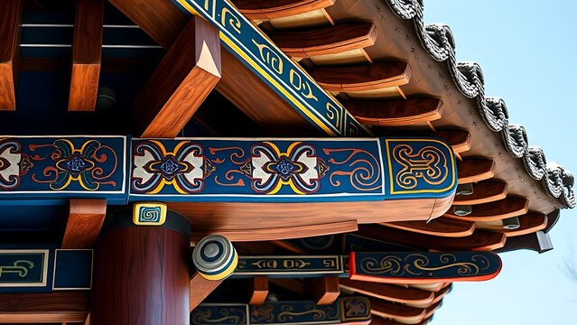 dancheong. Intricate close-up of traditional Korean Dancheong patterns on wooden eaves. event programs, museum guides, designed for cultural heritage projects and event programs, used by clinicians.