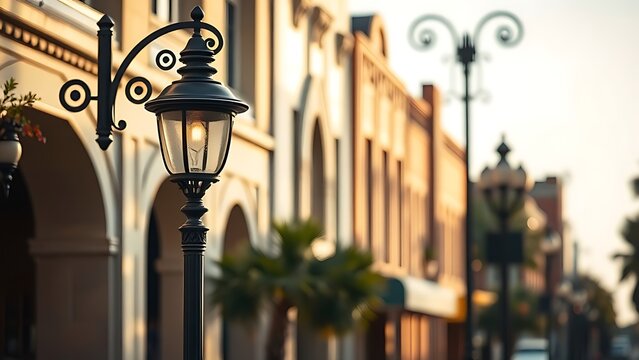 phonology. Art Deco street with vintage lamps and morning light, architectural focus. real-estate listings, architecture portfolios, designed for interior renovation comparisons for interiors.