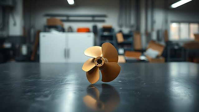 impeller. A single bronze impeller component isolated on a dark workshop table. safety posters, maintenance manuals, designed for precision metalworking and fabrication facilities, used by engineers.