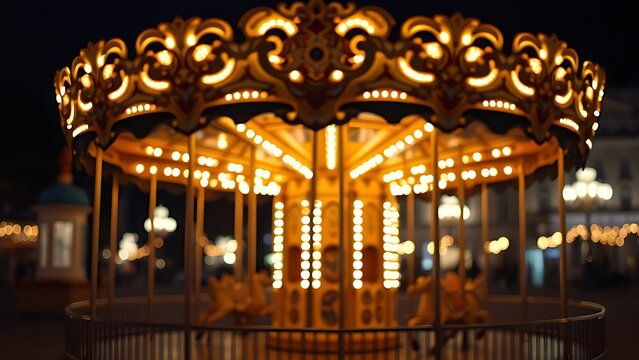 pentane. An empty, glowing carousel at night with soft lights and ornate details. travel magazines, destination branding, wall prints, designed for travel destination branding, used by photographers.