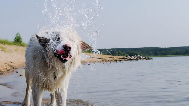 A happy dog shakes water off its head at the beach.