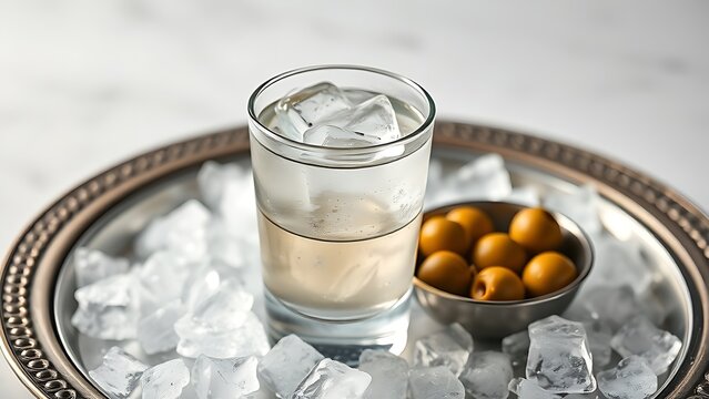 ouzo. A clear glass of ouzo with ice on a silver tray, green olives beside it. bar promotions, beverage menus, designed for product packaging and bar promotions, used by cybersecurity analysts.