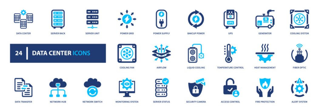 Data center icons set, Solid icon elements