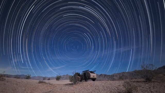 A teardrop camper trailer sits in the Anza Borego Desert as star trails fill the dark sky over the Thimble Trail area in California.
