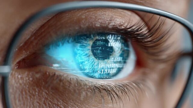 Vision of Innovation: An eye, framed by eyeglasses, reveals a digital world reflected in its depths, symbolizing the intersection of technology and human perception.