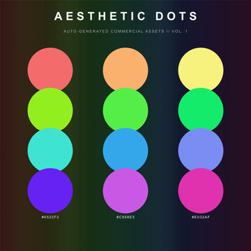 Aesthetic dots color palette collection with 12 vibrant neon circles, professional hex code swatches for graphic design, colorful geometric vector elements for digital branding projects