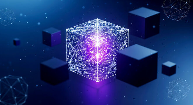 A glowing purple cube in a dark blue environment