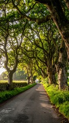 Fototapeta premium Sun-dappled country road lined with ancient trees forming a natural archway, creating a serene and enchanting tunnel of green foliage.