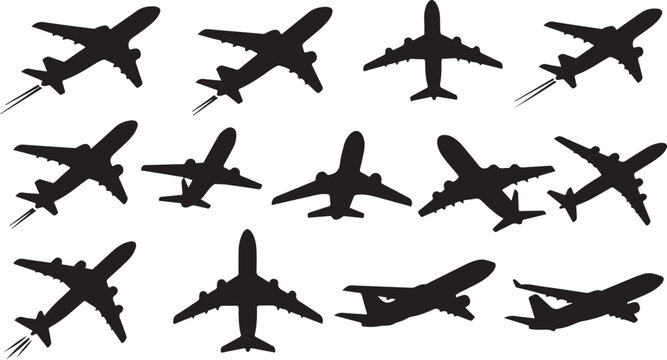 Collection of airplane silhouettes in various flight positions