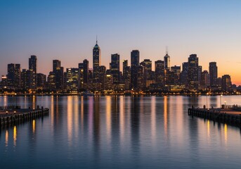 Fototapeta premium Urban city skyline at sunset reflecting in harbor water with glowing skyscraper windows for travel marketing, real estate, and professional business backgrounds
