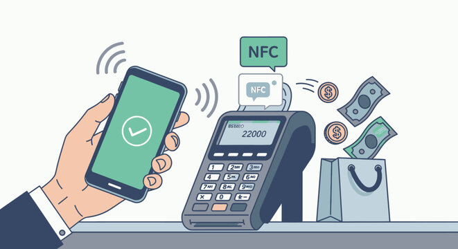 Hand holding phone for NFC payment.