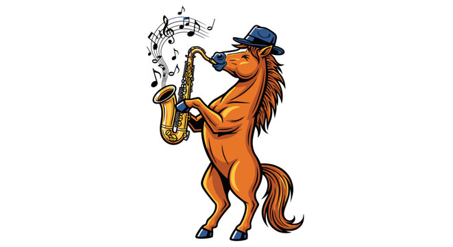 Horse playing a saxophone musically.