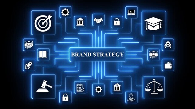Brand strategy framework defining long-term positioning, competitive direction and strategic alignment across a digitally connected business landscape,and 4k animation video,.