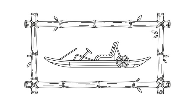 Bamboo Frame Around Vintage Pedal Boat Illustration