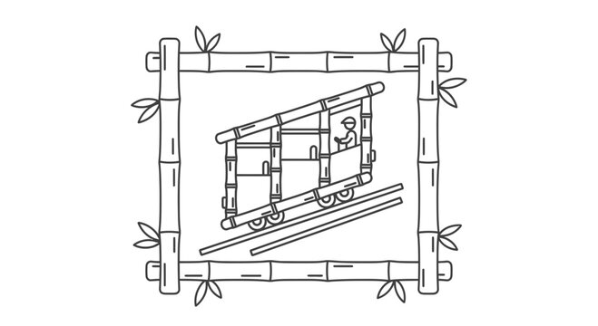 Bamboo Funicular Tramway with Driver on Rails in Bamboo Frame, Vintage Transport