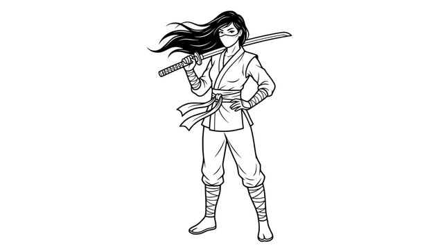 Female Ninja with Katana Over Shoulder Outline Logo