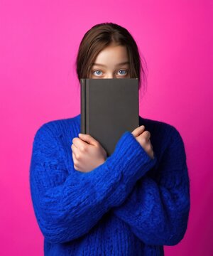Young Woman Holding a Blank Book Mockup Over Her Face for Publishing House Advertising Against a Neon Pink Backdrop avec Bold Graphic Blue Sweater