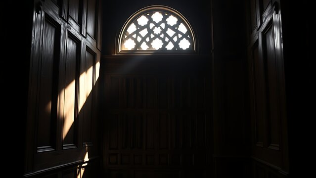 confessional. A vintage wooden confessional booth with light filtering through its lattice grill. event programs, museum guides, designed for cultural heritage projects and event programs.