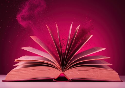 Open hardcover book with fanned pages and rising particles on a vivid magenta background, perfect for education, fantasy literature promotion, and magical storytelling