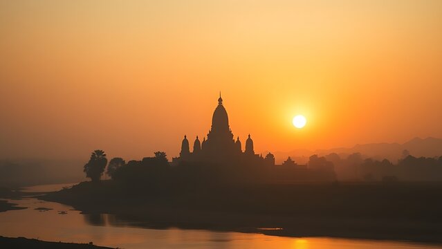 ziggurat. Ziggurat temple silhouette at sunset by a riverbank in misty atmosphere. inspiring travel planning, event programs, designed for cultural heritage projects and event programs.