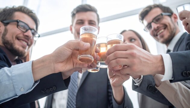 Business colleagues toasting with drinks in office.