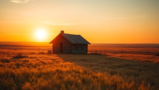 phallus. A solitary cabin on a vast prairie under the warm glow of sunset. inspiring travel planning, travel magazines, designed for outdoor magazines and nature guides, used by ux designers.