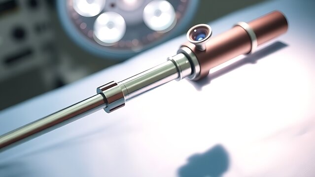 laparoscope. Slender laparoscope with polished metal surface reflecting light, on a medical tray with professional lighting. product launch decks.