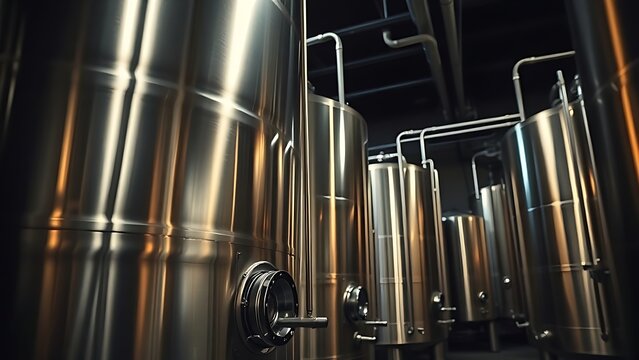 nepotism. A gleaming stainless steel fermenter with pipes in a dim cellar. bar promotions, beverage menus, packaging labels, designed for product packaging and bar promotions, used by photographers.
