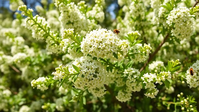 privet. Dense privet shrub blooming with tiny white flowers, bees collecting nectar. gardening catalogs, home-decor guides, designed for gardening and botanical catalogs, enhances decor appeal.