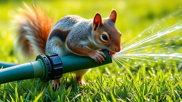 specious. A squirrel chewing on a garden hose with water spraying on the lawn. wildlife magazines, conservation campaigns, designed for eco-tourism storytelling, promotes animal welfare.