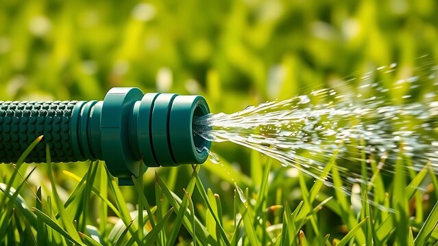 constriction. Green garden hose kinked, spraying water on sunlit grass. event key visuals, club posters, designed for sports event promotions and stadium branding and fitness apps and gym onboarding.