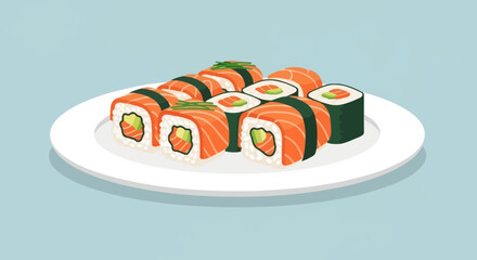 Salmon Sushi Rolls Plate - Delicious Japanese Food Illustration © Usaha