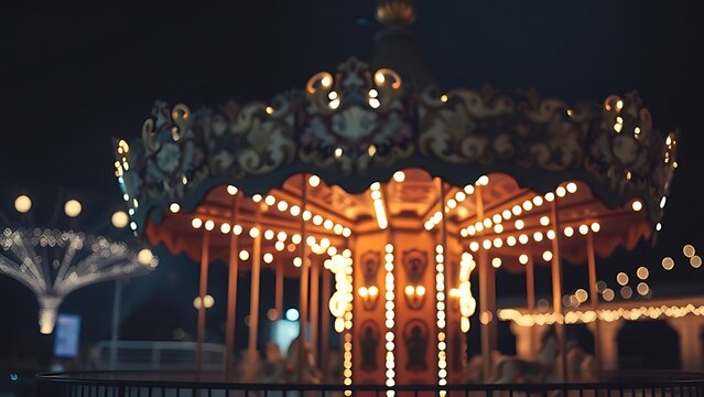 pentane. An empty, glowing carousel at night with soft lights and ornate details. travel magazines, destination branding, wall prints, designed for travel destination branding, used by photographers.