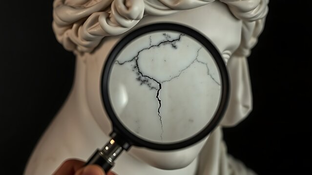 couter. A magnifying glass examines a fine crack in a classical marble sculpture. event programs, museum guides, designed for cultural heritage projects and event programs.