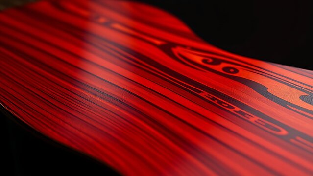 padauk. A polished padauk wood guitar top with a deep red finish and elegant wood grain. product launch decks, UI/UX mockups, designed for product launches and innovation pitches.