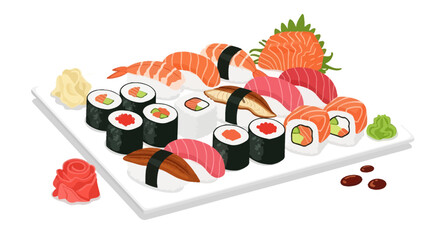 Assortment of Fresh Sushi Platter with Salmon, Shrimp, and Tuna - Japanese Cuisine © Usaha