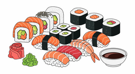 Assorted Sushi Platter with Salmon, Shrimp, Avocado and Soy Sauce © Usaha