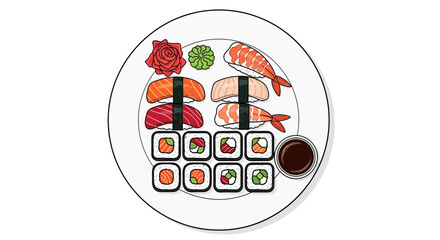 Assortment of Sushi and Rolls on Plate with Soy Sauce - Top View © Usaha