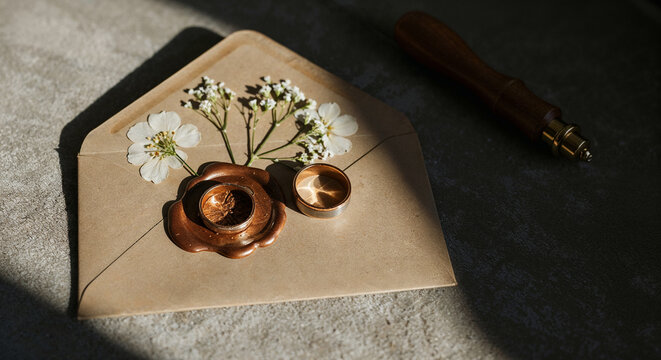 golden wedding rings on envelope near white eustoma flowers on textured surface