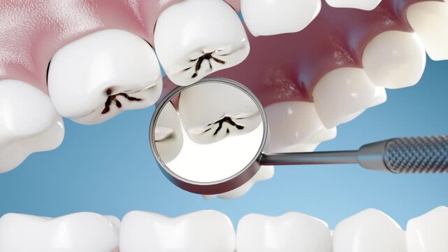 3D dental animation showing several teeth affected by cavities and surface cracks. A dental mirror examines each tooth inside the mouth. Dentistry concept presented as a clean medical CGI render.