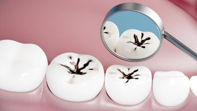 3D dental animation showing multiple decayed molars with visible cavities. A dental mirror inspects tooth surfaces in a clean clinical environment. Medical dentistry in realistic CGI style.