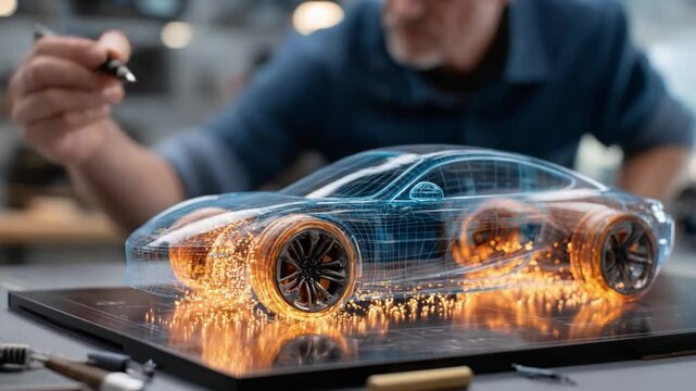 Automotive Visionary: An engineer, deep in thought, hovers over a holographic car model, a fusion of design and technological innovation. Showcasing precision and the future of automotive development.