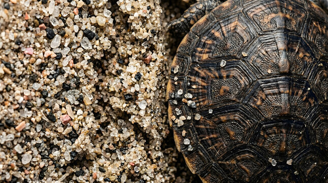 Detailed overhead macro shot of a turtle shell showing intricate patterns and texture resting on coarse sand in natural light